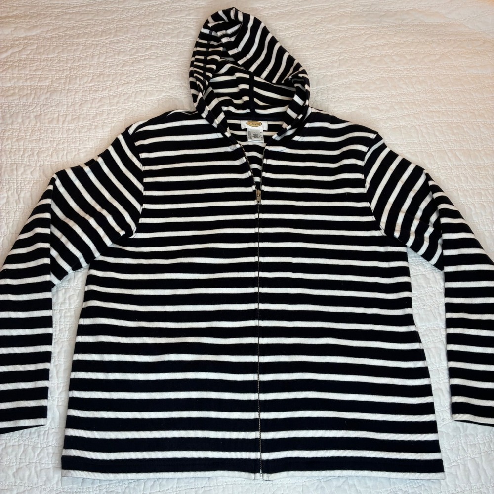 Talbots Full Zip Hoodie Jacket Black White Cotton Womens Sz L Pockets Travel